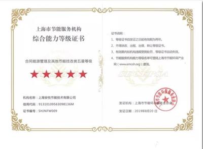安悅節(jié)能喜獲上海市節(jié)能服務(wù)機(jī)構(gòu)綜合能力五星等級(jí)認(rèn)證